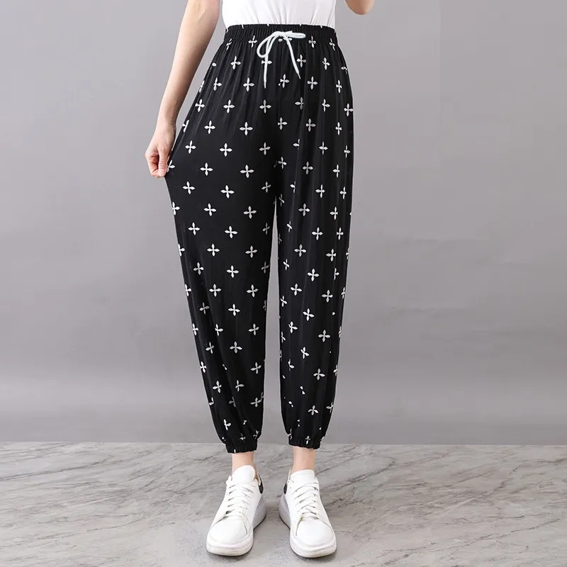 Women's Plus-sized Ice Silk Elastic Pants Cropped Straight - Artificial Silk Cross