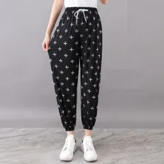 Women's Plus-sized Ice Silk Elastic Pants Cropped Straight - Artificial Silk Cross - View 1