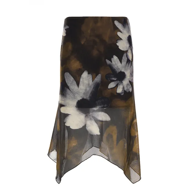 American Retro Floral Printed Mesh Stitching Asymmetric Skirt Brown - Shop at LoveMi