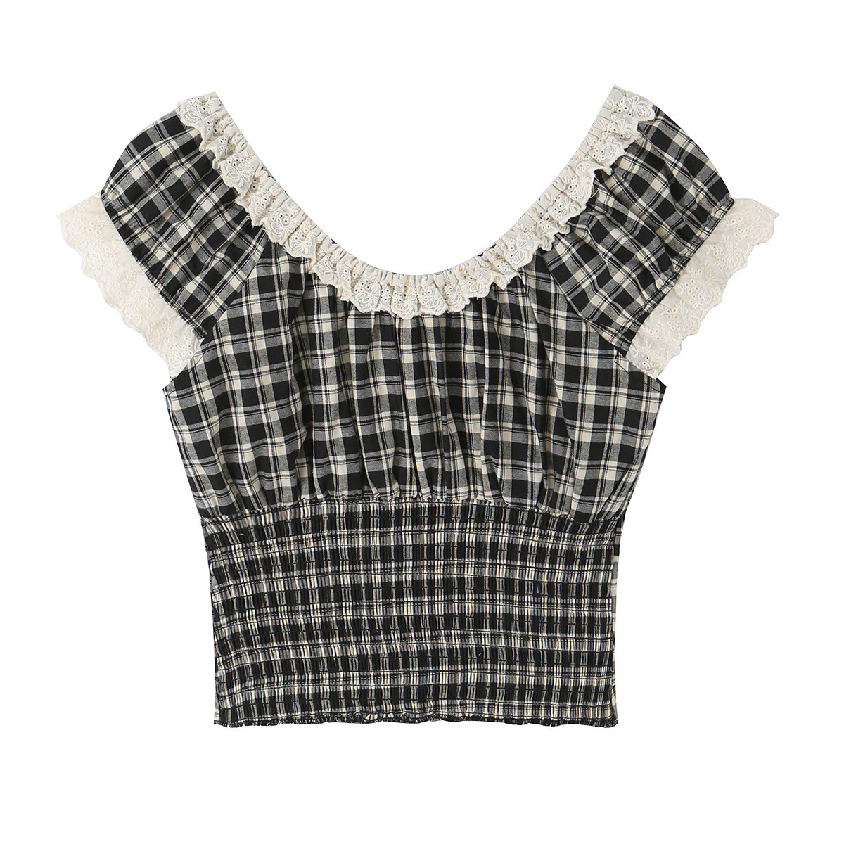 French-style Vintage Plaid Top With Ruffled Trim And Small Puff Sleeves