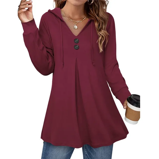 Casual Button V neck Long Sleeve Hooded Top Sweaters Women's Clothing Wine Red - Shop at LoveMi