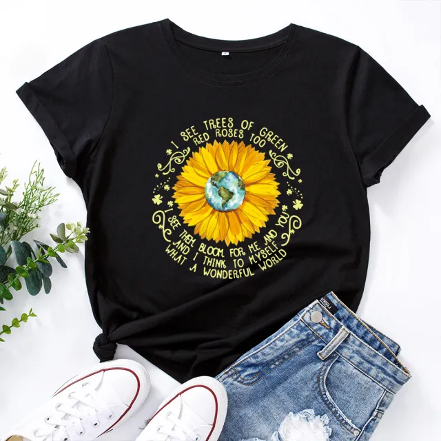 Bee Festival European And American Loose Round Neck Sunflower Short Sleeve Black - Shop at LoveMi
