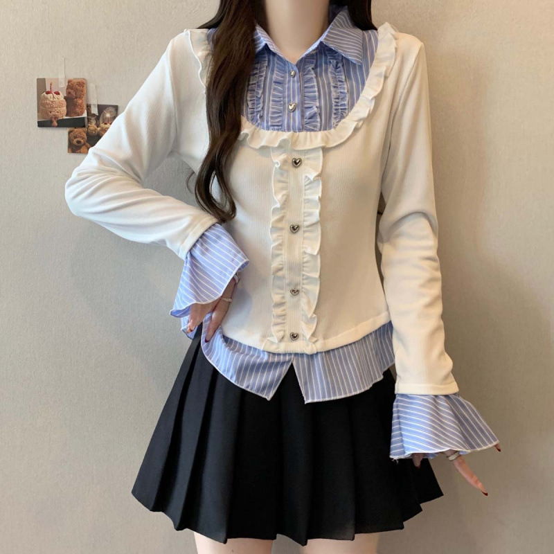 Versatile Slimming Mock Two-Piece Patchwork Knit Shirt