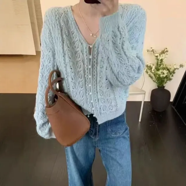 Women's Solid Color Hollow Crocheted V neck Long sleeve Knitwear Light Blue - Shop at LoveMi