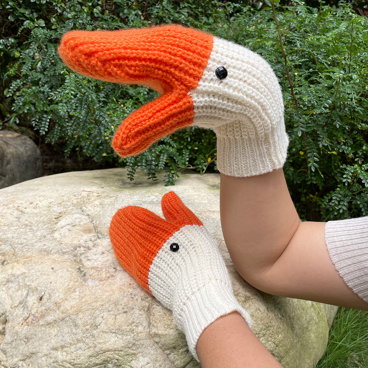Cold Protection In Three-dimensional Swan Full Finger Gloves Knitted Wool Mittens – orange white, Free Size