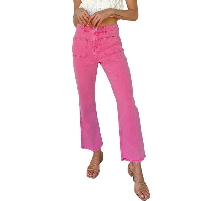 Frayed Hem Bell bottom Trousers Casual High Waist Jeans Lc7711675 Pink - Shop at LoveMi