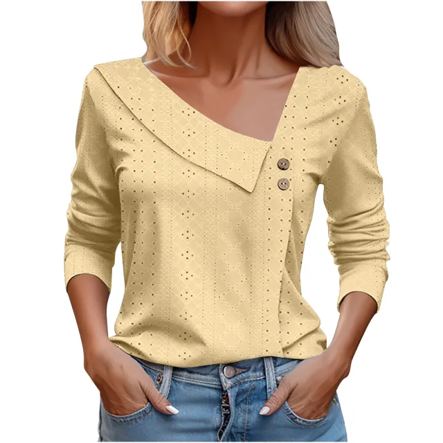 European American Summer New Solid Color And V neck Button Long sleeved T shirt Top For Women Yellow - Shop at LoveMi