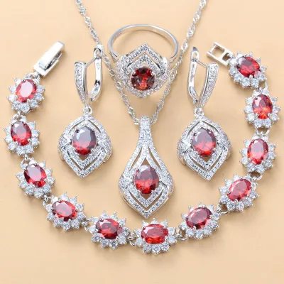 Inlaid Gemstone Pendant Earrings Necklace And Ring For Women 4 PCs Set