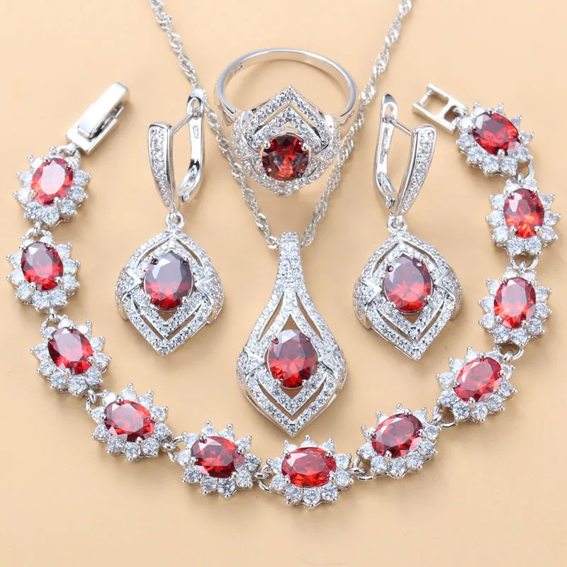Inlaid Gemstone Pendant Earrings Necklace And Ring For Women Set - Pomegranate Red