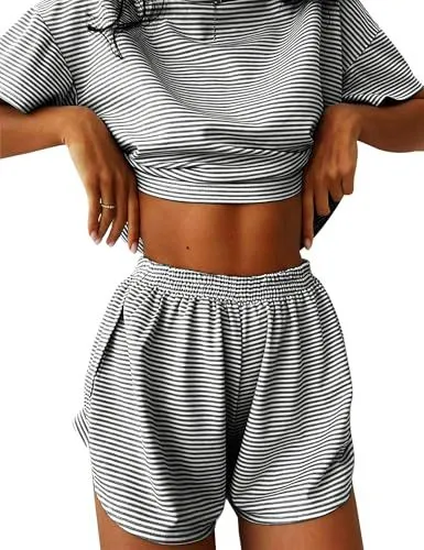 European And American Autumn Knitted Striped Pajamas Loose Short Sleeve Shorts Suit Black - Shop at LoveMi