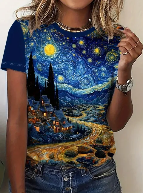European And American Butterfly Print Crew Neck T-shirt Top Bottoming Shirt For Women - Yldx467