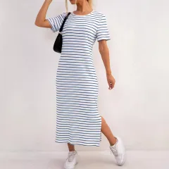 Women's Black And White Striped Dress Short Sleeve Floral Print Slit - White - View 1