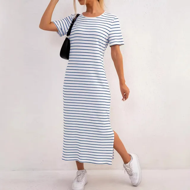Women's Black And White Striped Dress Short Sleeve Floral Print Slit White - Shop at LoveMi
