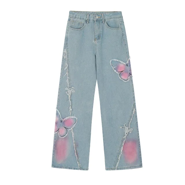 Sweet Cute Butterfly Wash Denim Trousers Blue - Shop at LoveMi