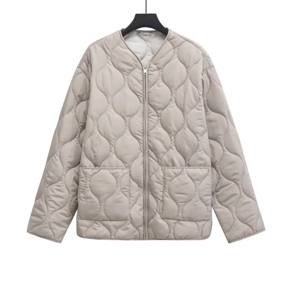 New All-match Rhombus Line Hemming Design Zipper Pocket Jacket - Light Khaki