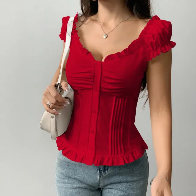 Women's Short sleeved Wooden Ear Vest Red - Shop at LoveMi