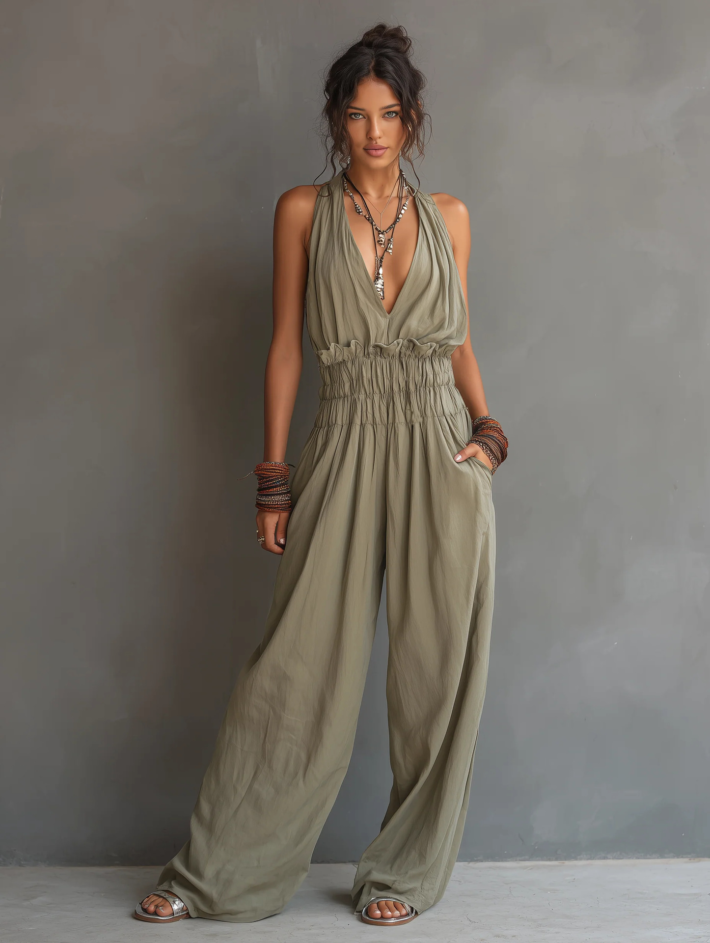 Women's sleeveless open back jumpsuit – back detail view