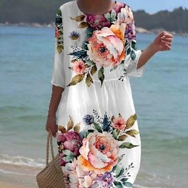 Women's Round-neck Long Printed Casual Fashion Dress