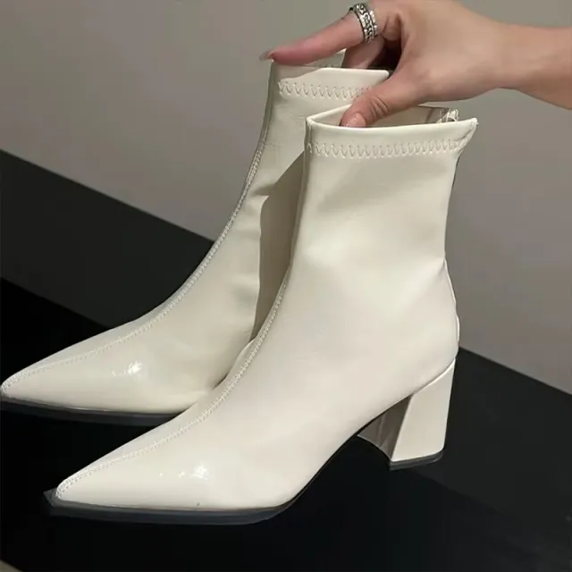 Women's Chunky Heel Back Zipper High Heel Pointed Ankle Boots White - Shop at LoveMi