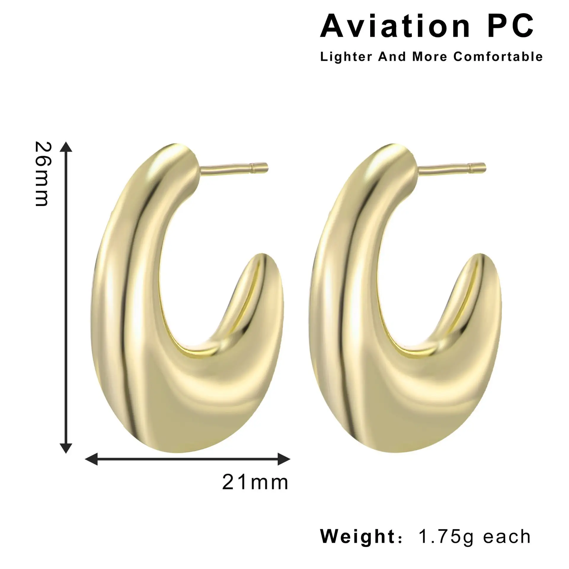 European And American Style C- Shaped Earrings Aviation Material Gao Zan Trendy Earrings Plated 18K Gold Color Protection