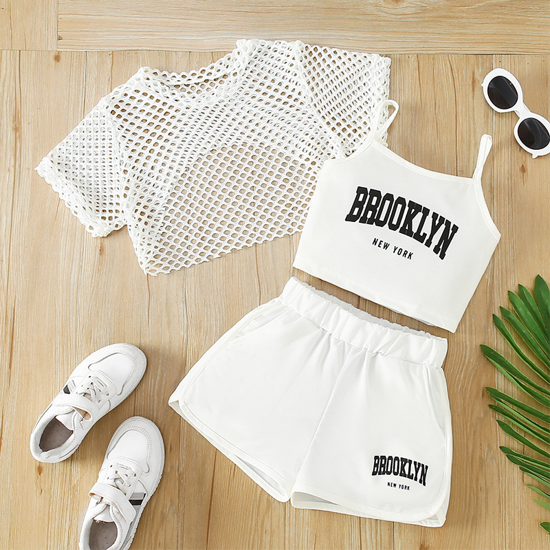 Summer New Mesh Shirt Short-Sleeve Top Pullover Three-Piece Set
