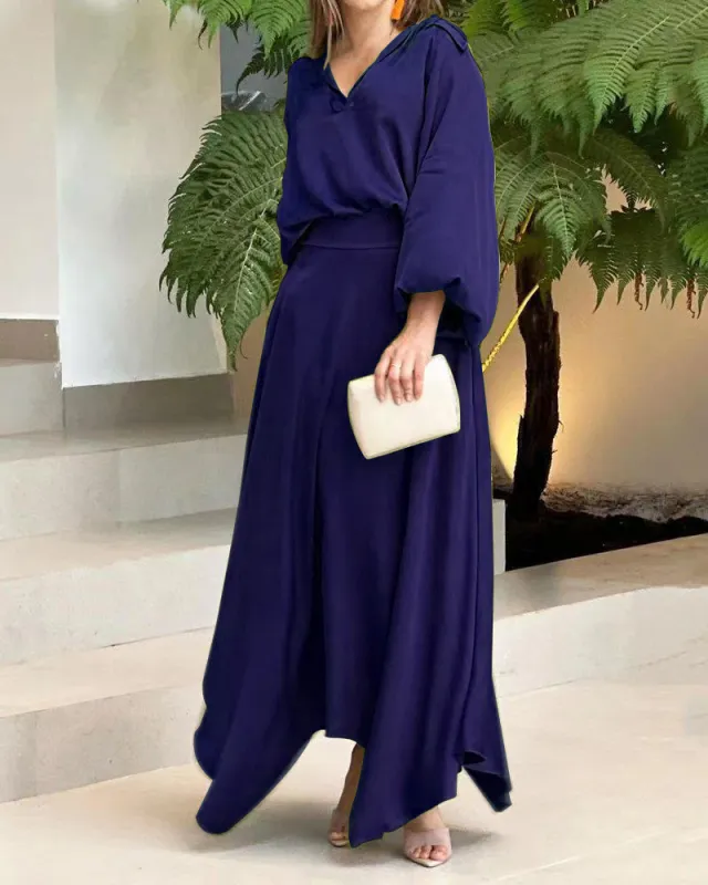 European And American Foreign Trade Women's Clothing New Loose Plus Size Solid Color Long sleeved Top High Waist Long Skirt Suit Blue - Shop at LoveMi