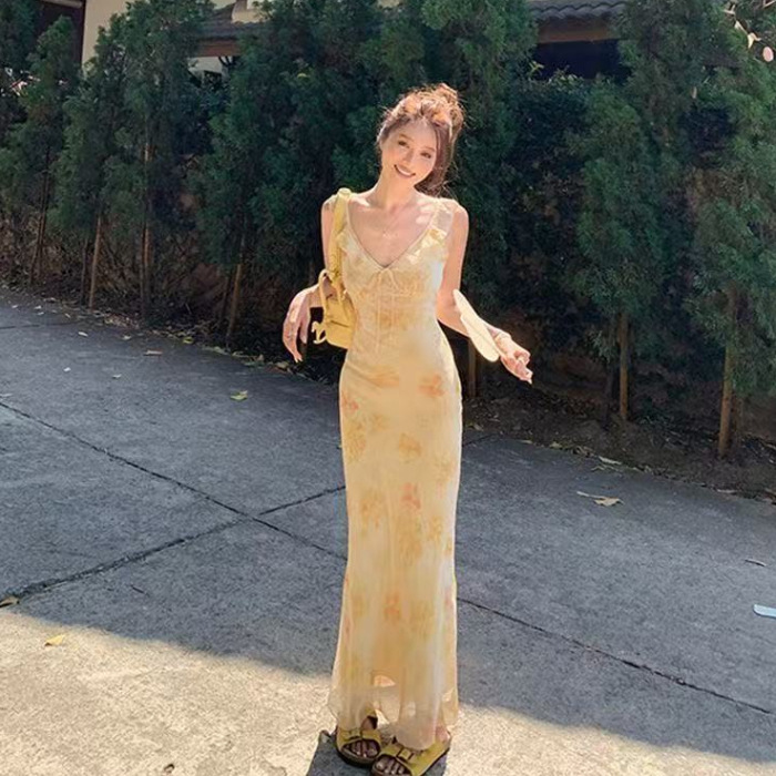 French Style V neck Sleeveless Floral Dress Women Yellow - Shop at LoveMi