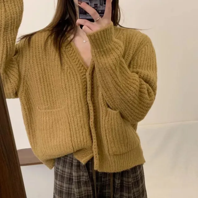 Simple Ins Solid Color Cardigan Jacket V neck Warm Sweater Camel - Shop at LoveMi
