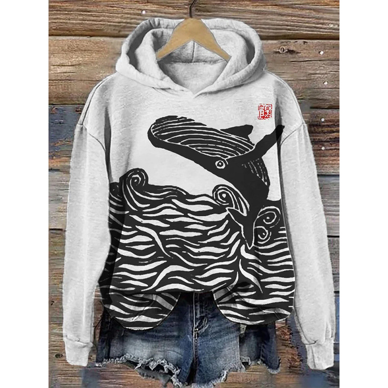 Womens Printed Hooded Long-Sleeve Pullover Sweatshirt