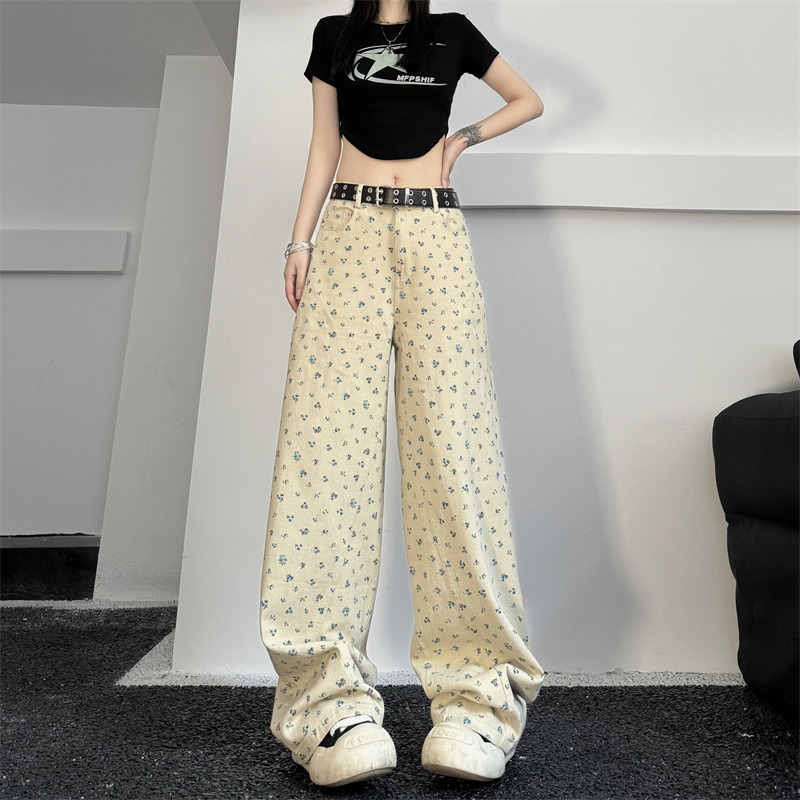 Vintage Floral High Waist Loose And Slimming Wide Leg Straight Jeans Beige - Shop at LoveMi