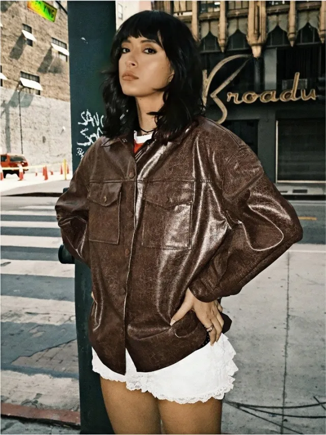 Single breasted Solid Color Pocket PU Fashion Casual Jacket Top Dark Brown - Shop at LoveMi
