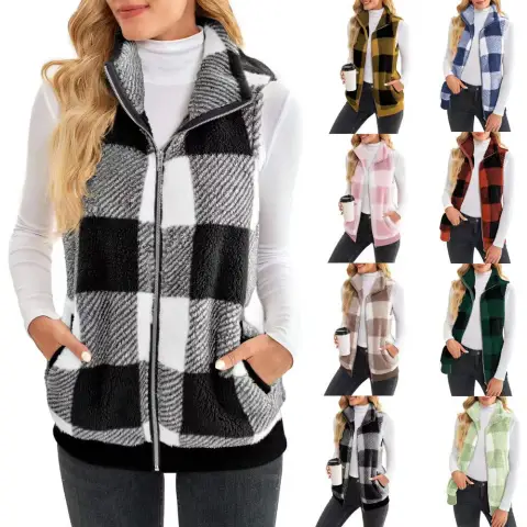 Thick Checks Double-sided Velvet Cardigan Vest Stand Collar Sleeveless