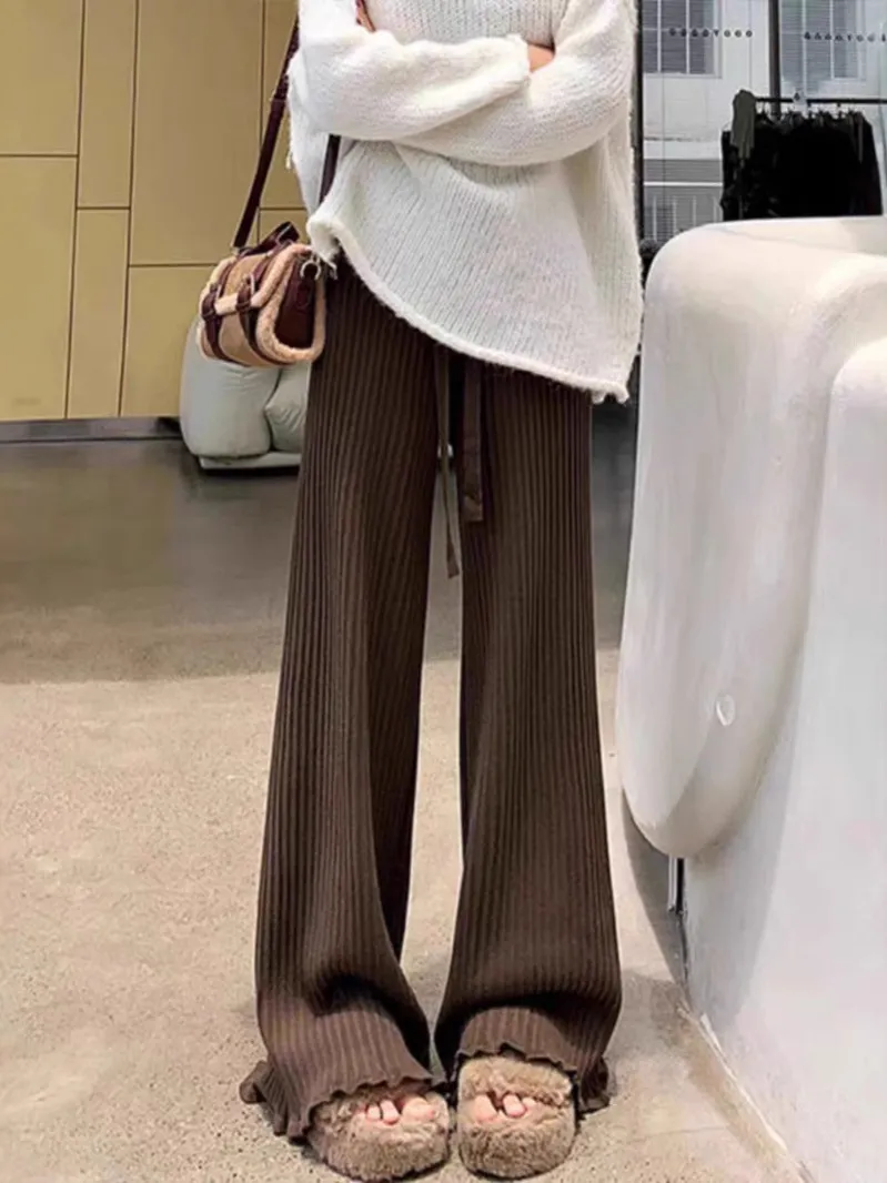 Wooden Ear Elastic High Waist Lace-up White Knitted Fabric All-match Wide Leg Pants - Brown