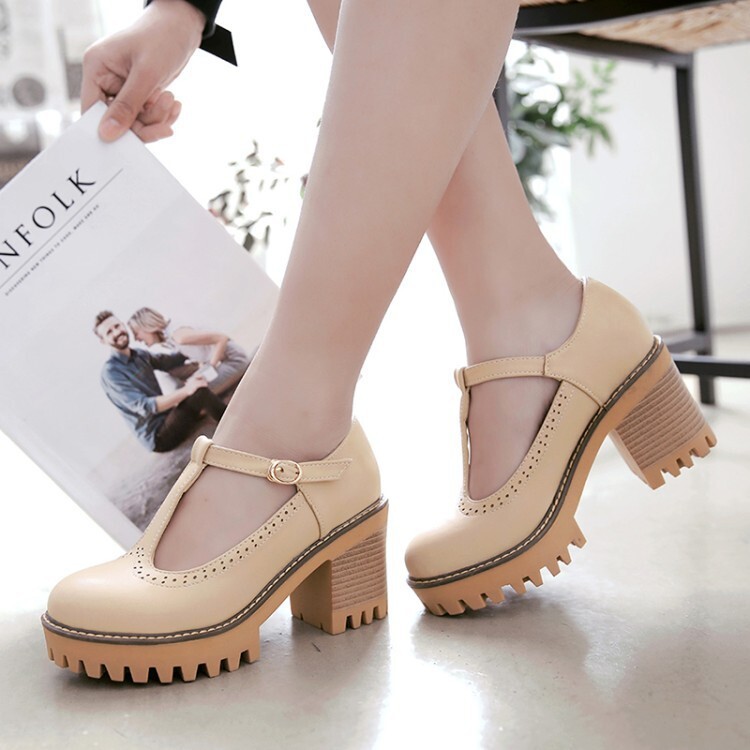 Korean-style Low-Top Single-Buckle Japanese-Style Retro Lace-trimmed Thick-soled Womens High Heels