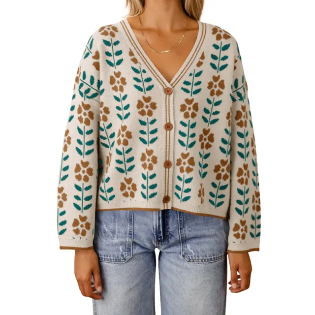 European And American Ladies Single breasted Long Sleeve Flower Sweater Beige - Shop at LoveMi