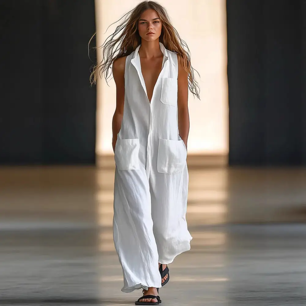 Casual Loose-fit Sleeveless Single-breasted Wide-leg Pants