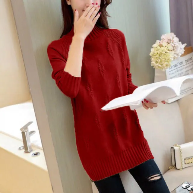 Women's Sweater Mid length Loose Korean style Thick Bottoming Shirt Wine Red - Shop at LoveMi