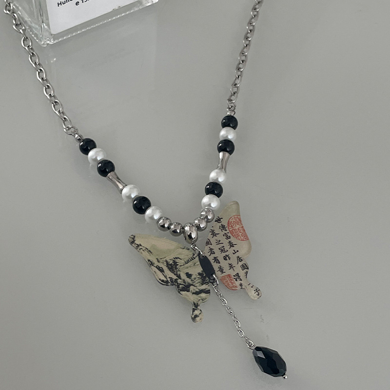 Retro National Trend Landscape Painting Calligraphy Butterfly Necklace