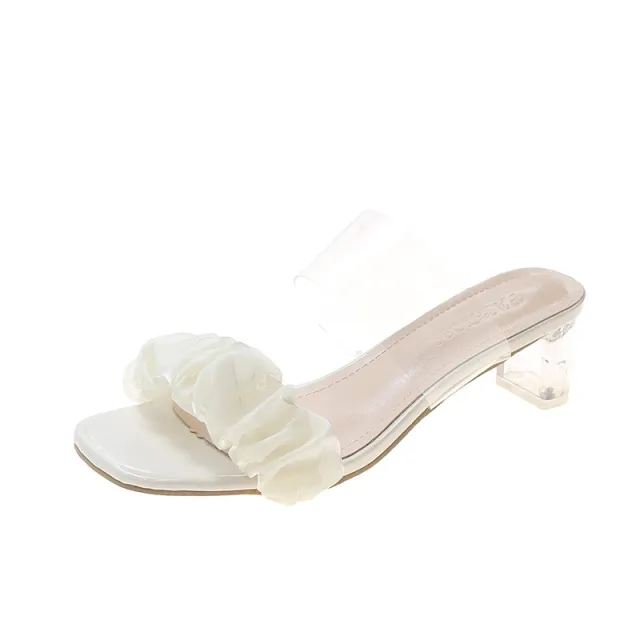 Fairy Style Transparent Chunky Heel Square Toe Pleated Sandals Transparent - Shop at LoveMi