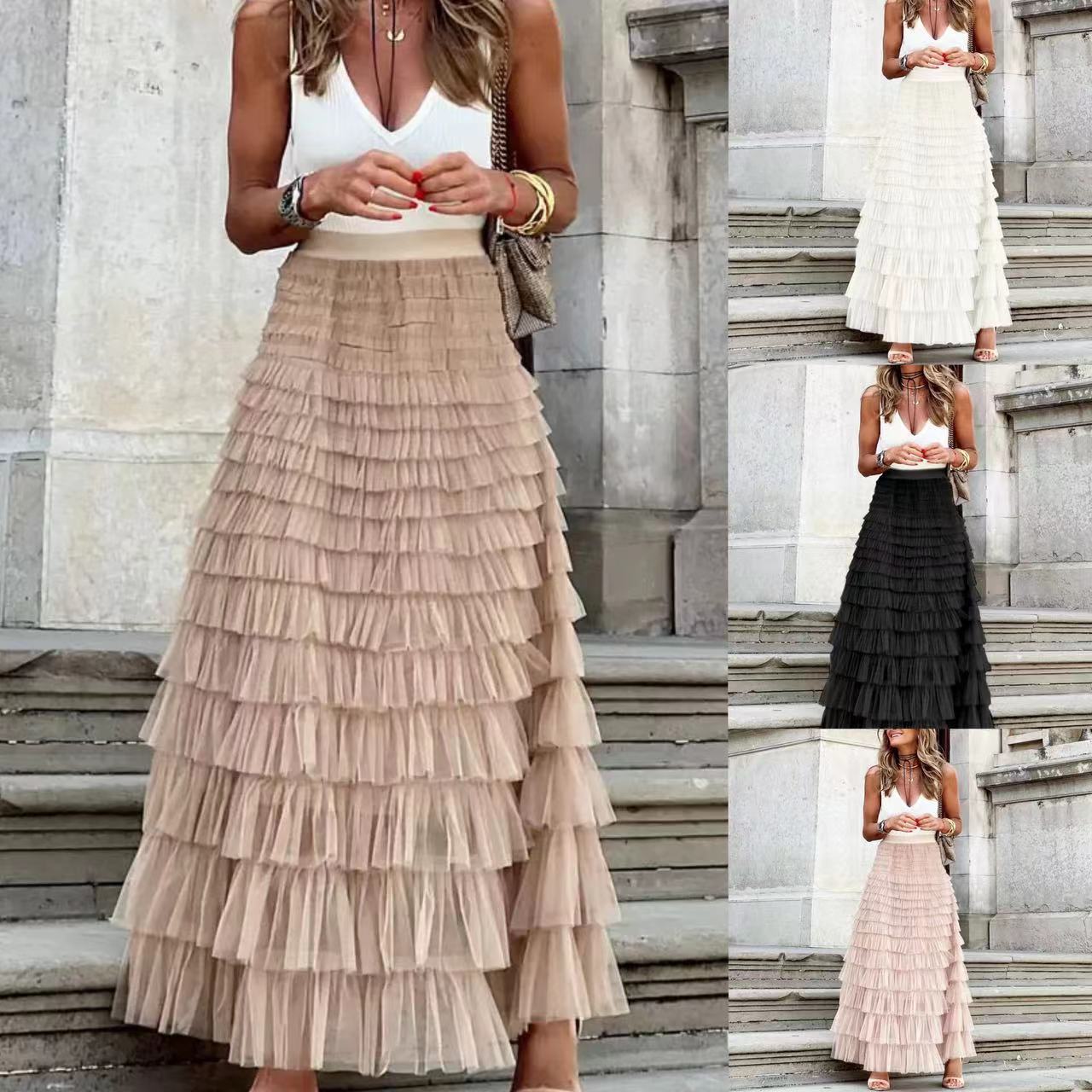 Fashion Mesh Tiered Skirt Women's Solid Color
