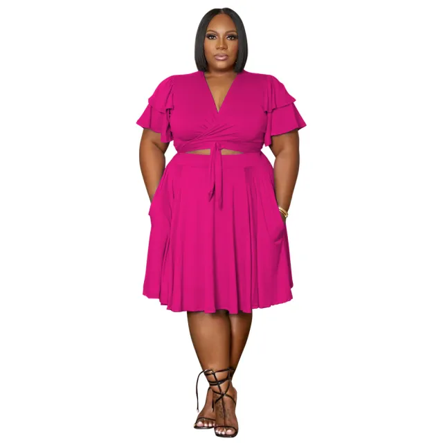Women's Ruffled Sleeve Lace up Short Skirt With Pockets V neck Plus size Skirt Set Rose Red - Shop at LoveMi
