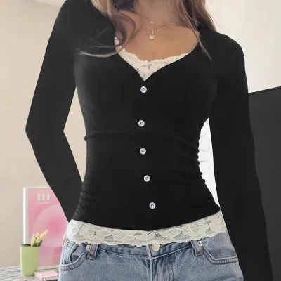 Fake Two-piece Lace Stitching Long-sleeved Women's Clothing