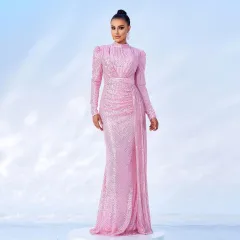 Long Sleeve Round Neck Sexy Slim Long Sequined Banquet Dress - Pink - View 1
