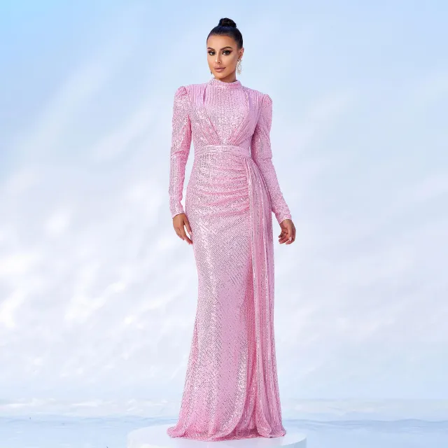 Long Sleeve Round Neck Sexy Slim Long Sequined Banquet Dress Pink - Shop at LoveMi