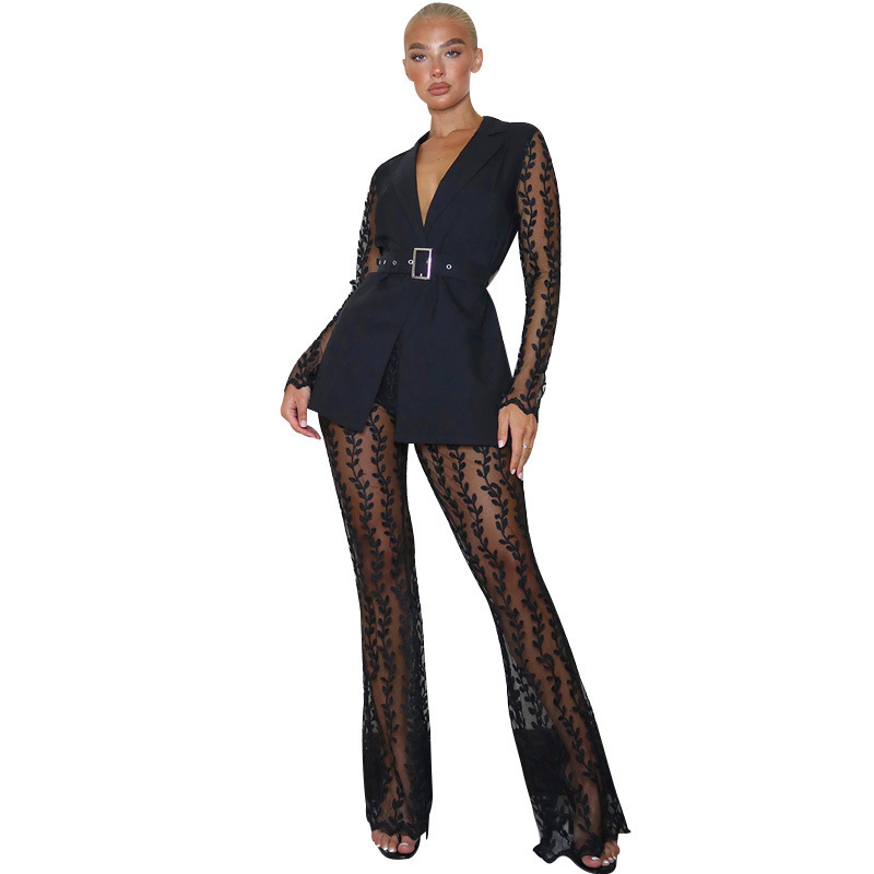 New Mesh Lace Floral Long sleeved Top Bell bottom Pants Suit Women Including Belt Black - Shop at LoveMi