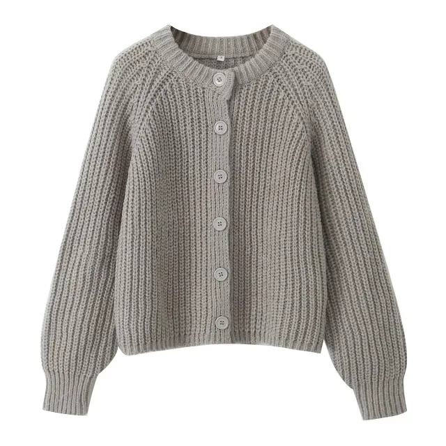 Women's Puff Sleeve Knitted Cardigan Sweater Light Gray - Shop at LoveMi