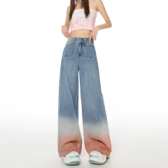 Gradient Color High Waist Wide Leg Jeans For Women Loose-fitting Mopping Pants - Blue - View 1