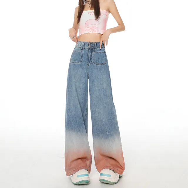 Gradient Color High Waist Wide Leg Jeans For Women Loose fitting Mopping Pants Blue - Shop at LoveMi