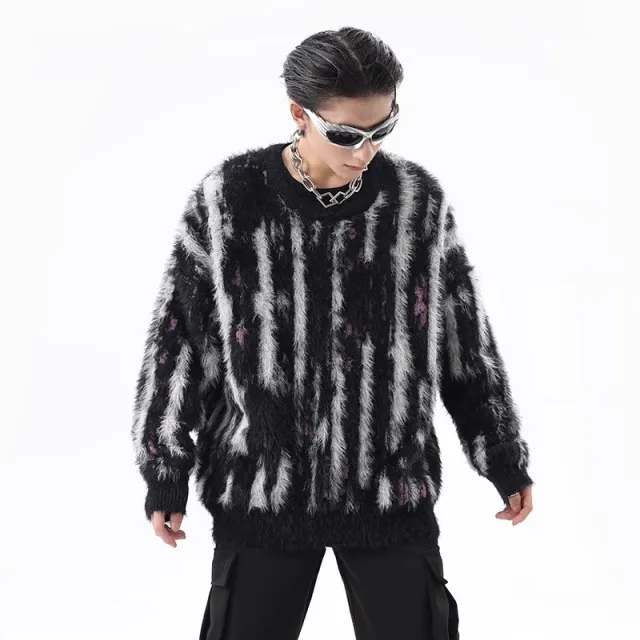 High Street Contrast Color Vertical Stripes Round Neck Autumn Winter Retro Lazy And Loose Mink like Sweater Black - Shop at LoveMi