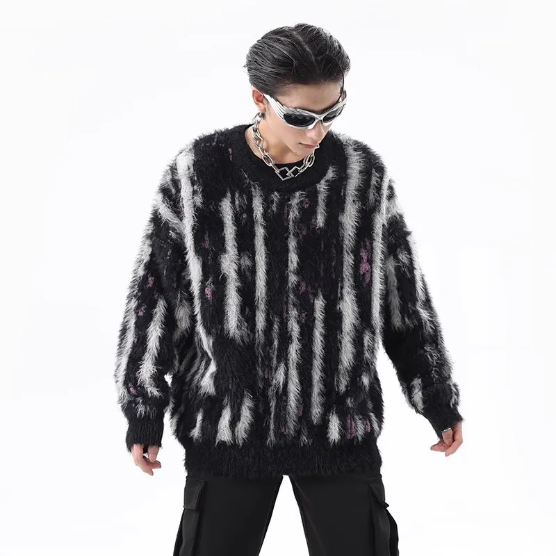 High Street Contrast Color Vertical Stripes Round Neck Autumn Winter Retro Lazy And Loose Mink-like Sweater - Black